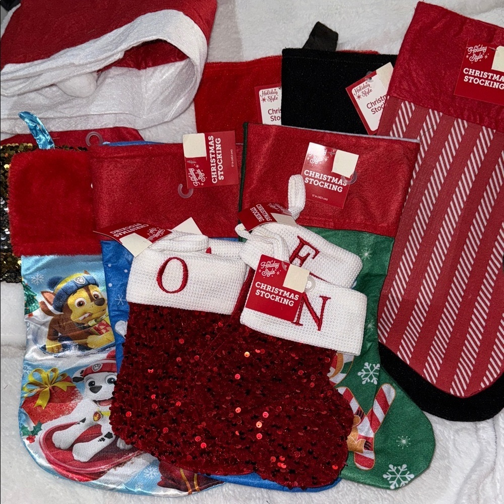 Variety of stockings and Christmas hats